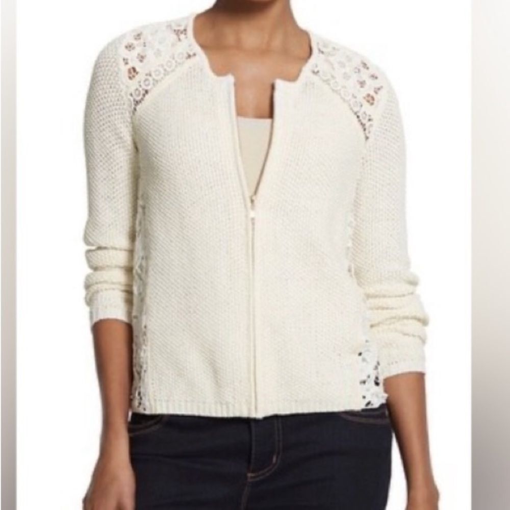 Chico’s Ivory Cream Lainey Lace Zip Up Long Sleeve Cardigan Sweater NEW 2 L
